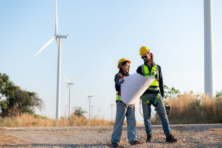 Engineer and worker discussing on a wind turbine farm with blueprints