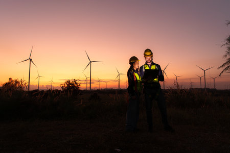 Engineers working on wind turbines farm at sunset, Wind turbines are alternative energy source.の写真素材