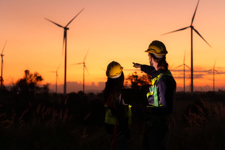 Engineers working on wind turbines farm at sunset, Wind turbines are alternative energy source.の写真素材