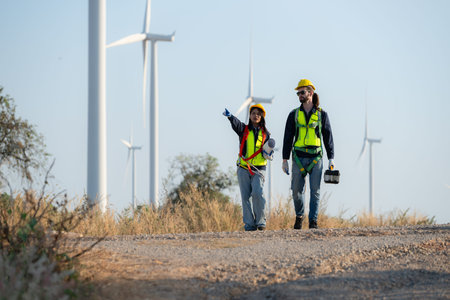 Engineer and worker discussing on a wind turbine farm with blueprints