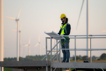 Engineer at natural energy wind turbine site with a mission to climb up to the wind turbine blades to inspect the operation of large wind turbinesの写真素材