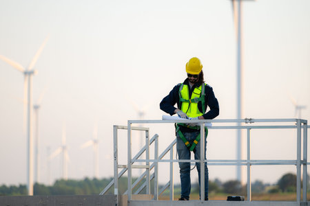 Engineer at natural energy wind turbine site with a mission to climb up to the wind turbine blades...