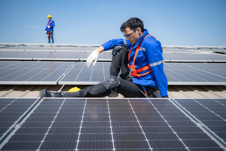 Technician repairing solar panels take off his hat and rest in the scorching sun on a factory roof...