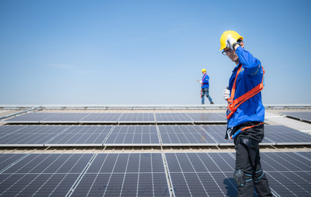 Both of technicians is installing solar panels on the roof of the warehouse to change solar energy...