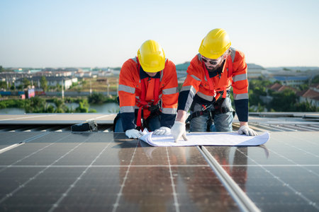 Engineer and technician working on the solar panel on the warehouse roof to inspect the solar panels...