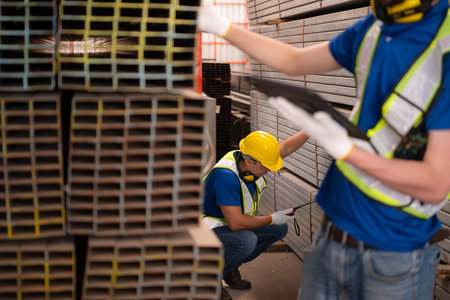 Warehouse worker in hard hats and helmets stand in the warehouse to count and inspect the steel in...