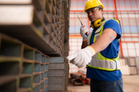 Warehouse worker in hard hats and helmets stand in the warehouse to count and inspect the steel in...