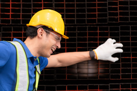 Portrait of a male worker wearing a safety vest and helmet sitting on a steels pallet due to back...