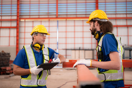 Portrait of two workers using digital tablet stand in front of the red steel structure
