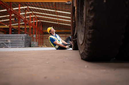 Young man working in a steel industry factory. He was critically hurt when a forklift ran over his...