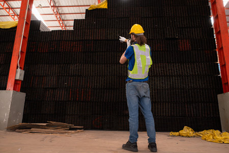 Warehouse worker in hard hats and helmets stand in the warehouse to count and inspect the steel in...