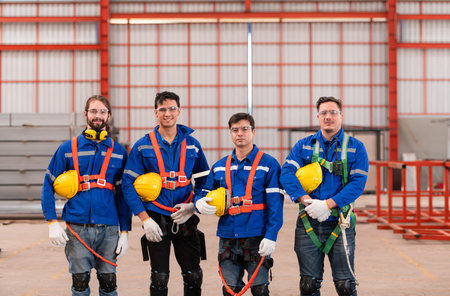 Portrait of a team of industrial workers standing together in a warehouseの写真素材