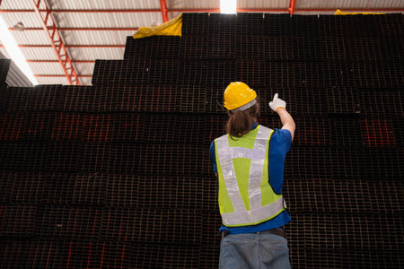 Warehouse worker in hard hats and helmets stand in the warehouse to count and inspect the steel in the warehouse.の写真素材