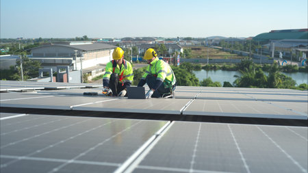Both of technicians is installing solar panels on the roof of the warehouse to change solar energy...