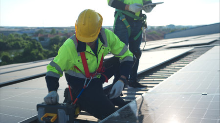 Both of technicians is installing solar panels on the roof of the warehouse to change solar energy into electrical energy for use in factories.の写真素材