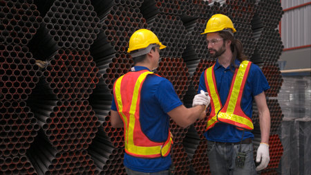Warehouse workers in hard hats and helmets, Inspect and count steel in the warehouse.
