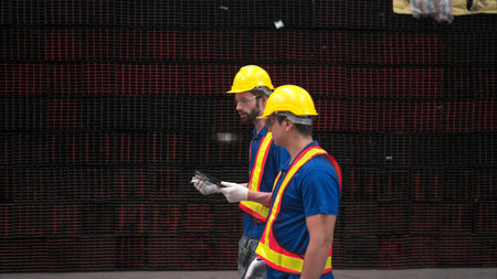 Warehouse workers in hard hats and helmets, Inspect and count steel in the warehouse.