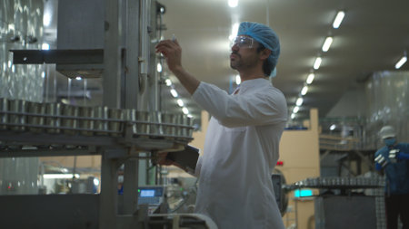The production control supervisor inspects and controls the operation of machines in the manufacturing line of a canned fish industryの写真素材