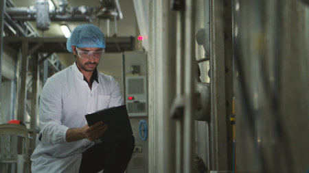 The production control supervisor inspects and controls the operation of machines in the manufacturing line of a canned fish industryの写真素材
