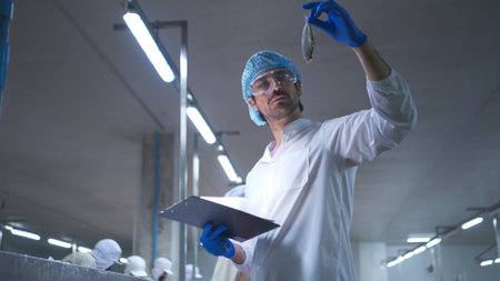 Raw material quality inspectors evaluate and inspect fish pieces before they enter the canned fish production processの写真素材