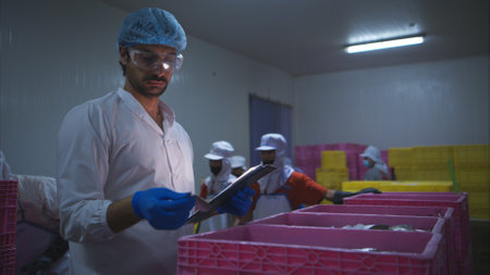 Raw material quality inspectors evaluate and inspect fish pieces before they enter the canned fish production processの写真素材