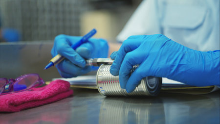 Production control supervisor inspects the can in the production line of a canned fish factoryの写真素材