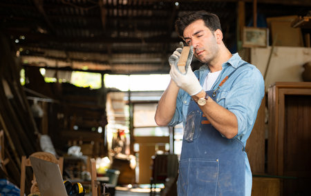 Carpenter working at his carpentry shop. Eyesight is utilized to ensure accuracy.の写真素材