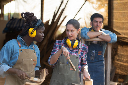 Carpenter and his assistant working together in a carpentry workshopの写真素材