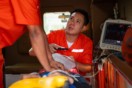 The rescue team is administering CPR to a patient who was involved in an ambulance accident.の写真素材