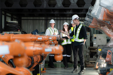 Group of engineers and technicians working together in a robotic arm factory. Inspecting robot arm before delivering to customersの写真素材
