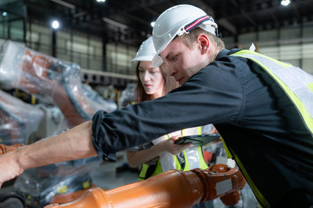 Both of engineers working together in a robotic arm factory, Robotic arm industry and engineering...