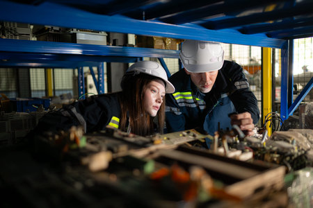 A young female engineer and a male supervisor work together in robotic arm spare parts warehouse,...