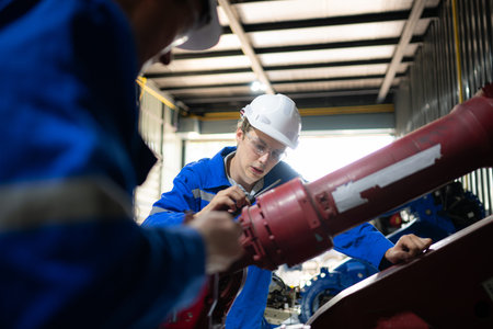 Both of engineers working together in a robotic arm factory, Robotic arm industry and engineering...