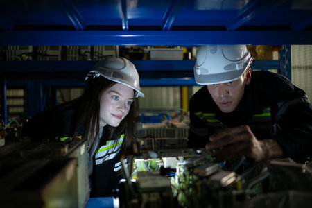 A young female engineer and a male supervisor work together in robotic arm spare parts warehouse, Robotic arm industry and engineering concept.の写真素材