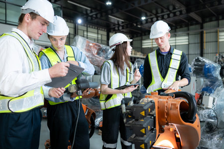 Group of engineers and technicians working together in a robotic arm factory. Inspecting robot arm...