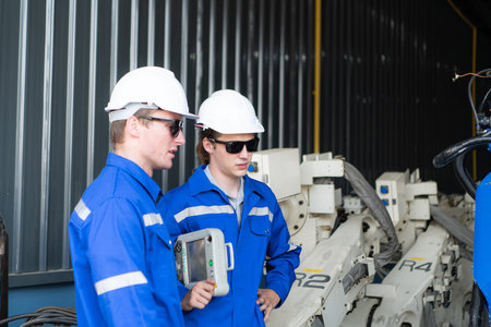 Industrial workers working with robotic arm welding machine in factory, Robotic arm welding industry...