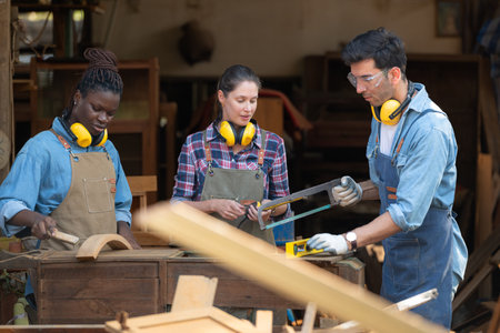 Carpenter and his assistant working together in a carpentry workshopの写真素材