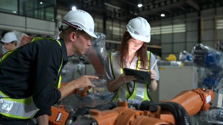 Both of engineers working together in a robotic arm factory, Robotic arm industry and engineering...