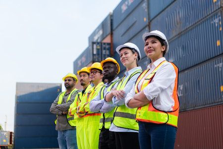 Group of worker wearing safety helmet and reflective vest standing in front of containers.の写真素材