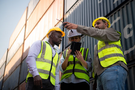 Group of engineers working with laptop in the container yard. This is a freight transportation and...