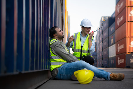 A guy worker was involved in a leg accident in a container storage yard. A colleague was using the walkie talkie to request immediate aid.の写真素材
