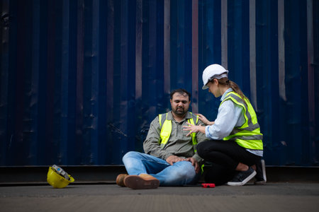 A guy worker was involved in a leg accident in a container storage yard. A colleague was using the walkie talkie to request immediate aid.の写真素材