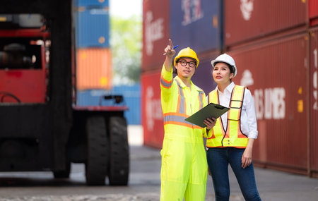Portrait of Asian woman engineer and worker working with co-worker at overseas shipping container...