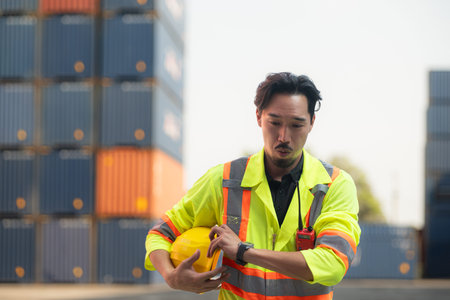 Portrait of an Asian male worker wearing a safety vest and hard hat, taking a break from work with a...