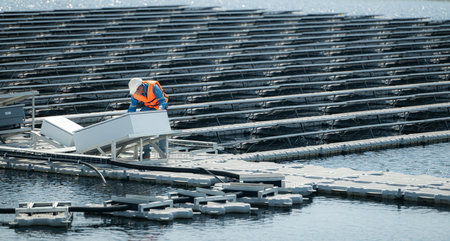Technician currently evaluating and repairing the transmission terminals for electricity generated by solar energy in a floating solar power system.の写真素材