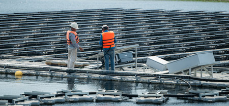Both of technicians are currently evaluating and repairing the transmission terminals for electricity generated by solar energy in a floating solar power system.の写真素材