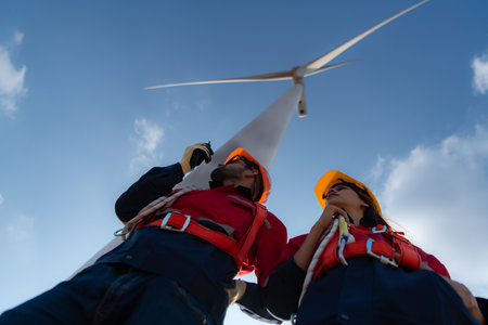 Low angle view of engineers standing in front of a wind turbine, Using the walkie talkie to communicate with co-workersの写真素材