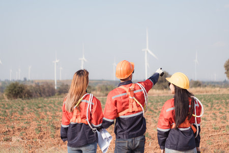 Team of engineers and architects working on wind turbines in a wind farmの写真素材