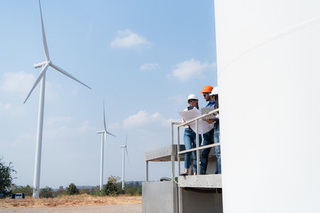 A group of engineers and architects work in floor of base ground of a wind turbineの写真素材
