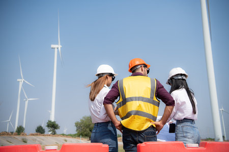 Back view of group engineers and architects on construction site with wind turbines in backgroundの写真素材